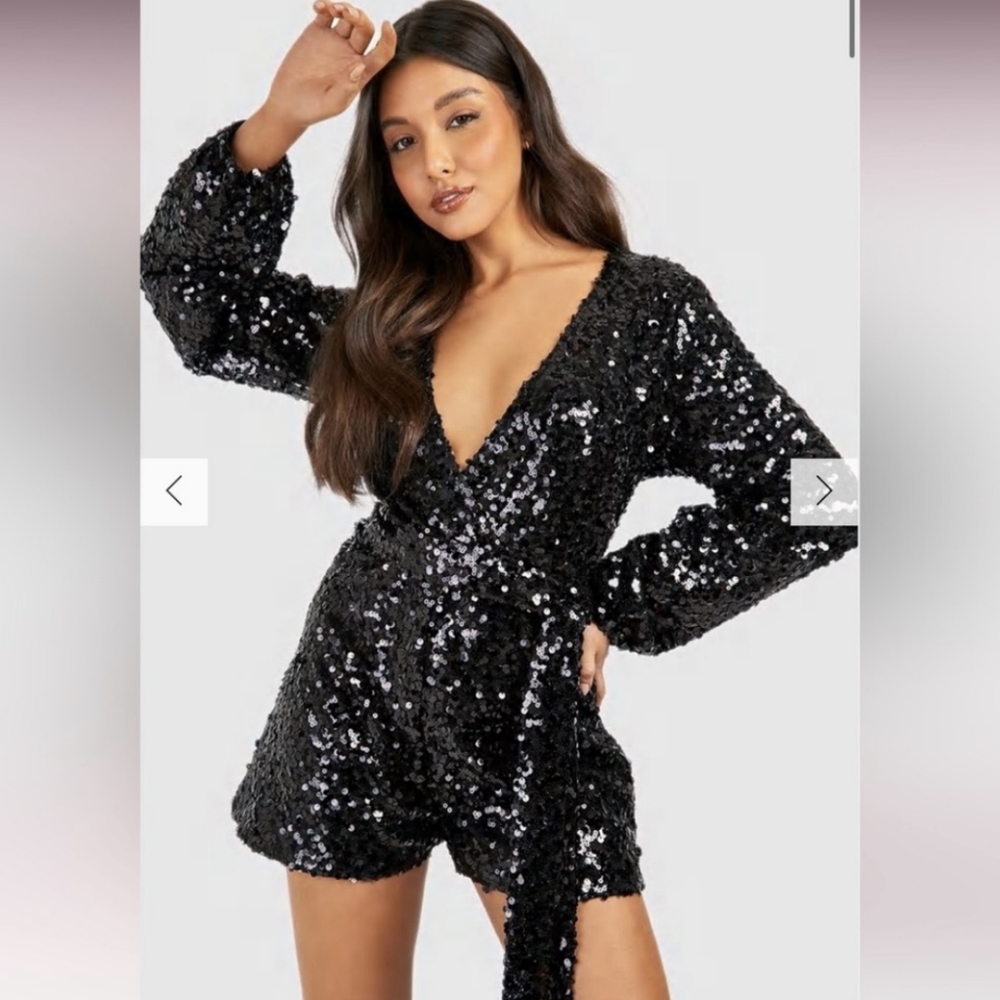 Boohoo black sequin romper, size 4